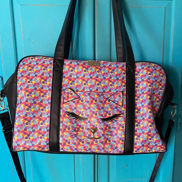 Betsey Johnson Weekender Bag Kitty Cat Faux Leather NWOT multicolor Duffel Bag - Picture 3 of 15